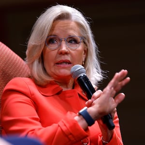 Liz Cheney speaking at a book event in 2023. 