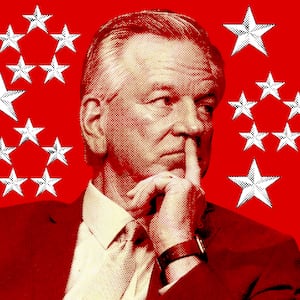 A photo illustration of Sen. Tommy Tuberville and military insignia rank.