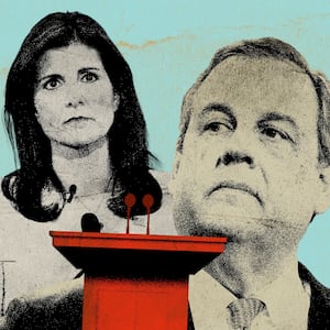 Photo illustration of Chris Christie, Nikki Haley, and a podium on a blue distressed background.