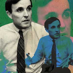 A photo illustration of four young Rudy Giuliani’s with his arms outstretched and overlapping each other on a green background.