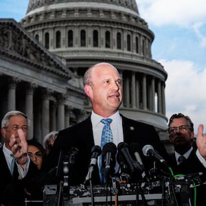 Kevin Roberts, president of The Heritage Foundation, speaks with members of the conservative House Freedom Caucus during a news conference on Capitol Hill on Tuesday, Sept 12, 2023, in Washington, DC. 