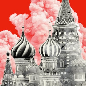 Photo illustration of St Basil’s Cathedral in Moscow with smoke layered in front and behind.