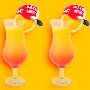 A photo illustration of tequila sunrise orange cocktails with red MAGA hats.