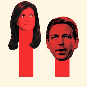 An illustration including photos of Nikki Haley and Ron DeSantis 