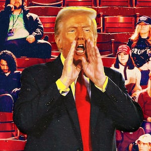 A photo illustration of Donald Trump and supporters and empty seats.