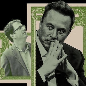 illustration of Elon Musk and Dean Preston inside $1 bills on a black background.