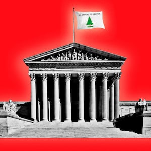 A photo illustration of the Supreme Court with an Appeal To Heaven flag.