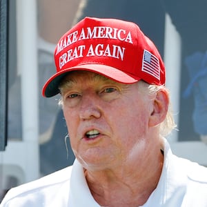 Former President Donald J. Trump at the first tee during the final round of LIV Golf Bedminster