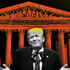 An illustration including former U.S. President Donald Trump and a photo of the supreme court