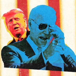 An illustration including photos of Donald Trump and Joe Biden