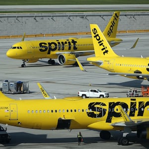 Spirit Airlines jetliners on the tarmac at Fort Lauderdale Hollywood International Airport. 