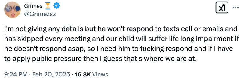 Grimes begs Elon Musk on X to respond to an urgent medical issue involving one of their three children.