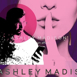 A photo illustration showing a man using his phone to cheat on his wife overlayed with the Ashley Madison logo