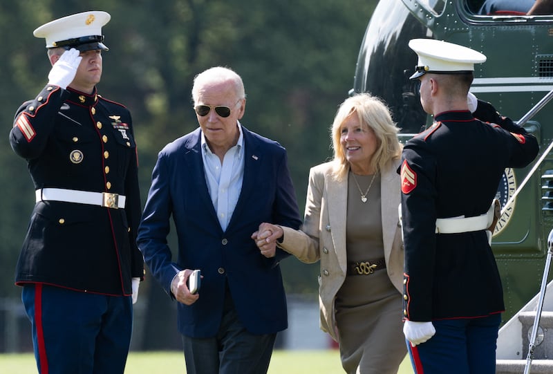 President Joe Biden and First Lady Jill Biden disembark from Marine One 