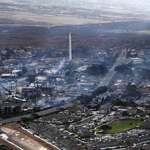 An aerial image taken on Aug. 10, 2023, shows destroyed homes and buildings burned to the ground in Lahaina in the aftermath of wildfires in western Maui, Hawaii. 