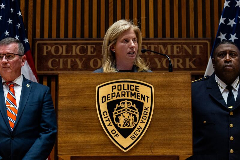 New York City Police Commissioner Jessica Tisch speaks to the media during a press conference regarding what homicide authorities believe was a targeted attack on United Healthcare CEO Brian Thompson.