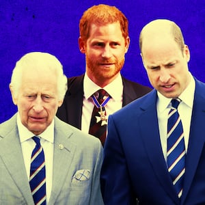 A photo illustration of King Charles, Prince Harry, and Prince William.