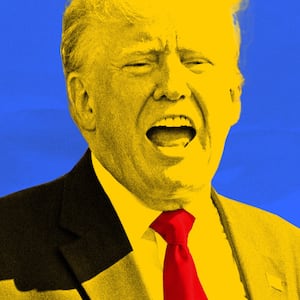 A photo illustration of Donald Trump with his mouth open,  colored yellow with a red tie on