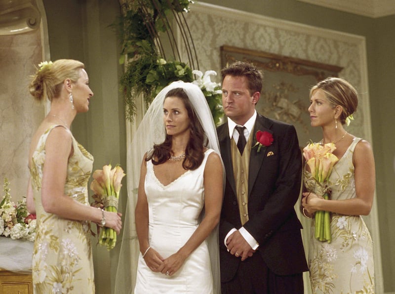 Lisa Kudrow as Phoebe Buffay, Courteney Cox as Monica Geller-Bing, Matthew Perry as Chandler Bing, Jennifer Aniston as Rachel Green in Friends