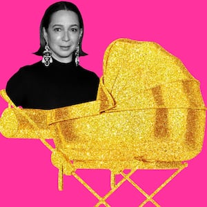 A photo illustration showing Maya Rudolph in a golden nepo-baby stroller.