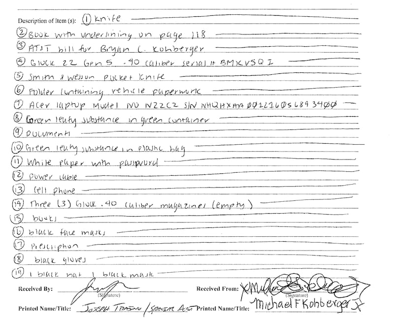 A partial list of the items seized by cops at the home of Bryan Kohberger's parents in December.