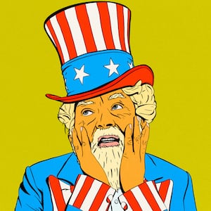 Illustration of Uncle Sam with a scream face with Donald Trump coloring