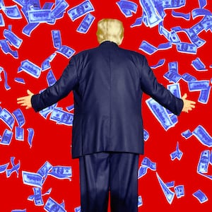 A photo illustration of former President Donald Trump and blue dollar bills falling.