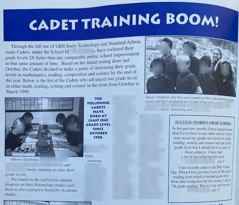 A page from the undated 1999 issue of the Cadet Times, the magazine for the Church of Scientology's PAC Ranch Org., shows Emily Armstrong had made it into the organization's Cadet Org.