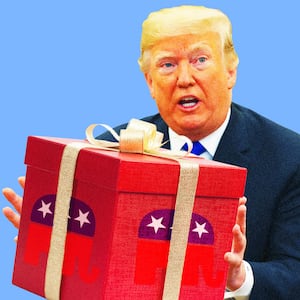 A photo illustration of former President Trump holding a holiday gift.