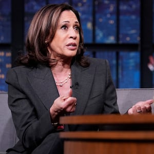 Kamala Harris during an interview with host Seth Meyers