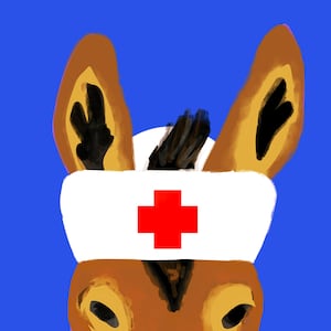 An illustration of a donkey peeking up wearing a nurse hat