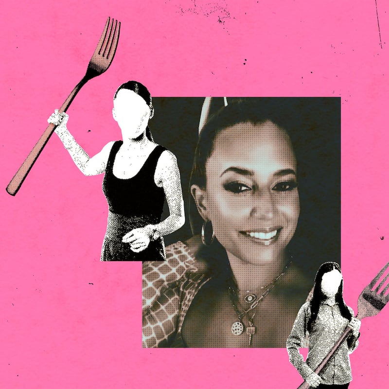 A photo illustration of Emily Gellis Lande surrounded by faceless women wielding giants forks and knives.