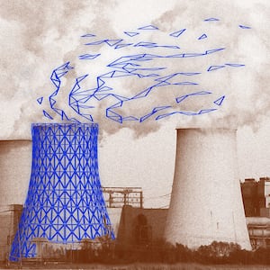 A nuclear power plant with a digital AI vector over top.