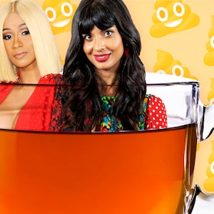 illustration of cardi b and jameela jamil floating in a cup of detox tea with poop emoji wallpaper behind them teami kylie jenner laxative diarrhea poop diet instagram kardashian fda david seres regulation debunker the good place post baby body