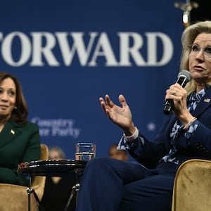 US Vice President and Democratic presidential candidate Kamala Harris (L) holds a moderated conversation with Former US Rep. Liz Cheney, Republican of Wyoming, at People's Light performing arts theater Malvern, Pennsylvania, on October 21, 2024. (Photo by Brendan SMIALOWSKI / AFP) (Photo by BRENDAN SMIALOWSKI/AFP via Getty Images)