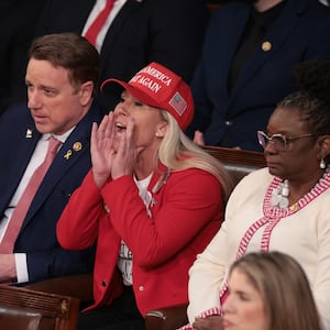 Rep. Marjorie Taylor Greene (R-GA) calls out as U.S. President Joe Biden delivers the State of the Union address