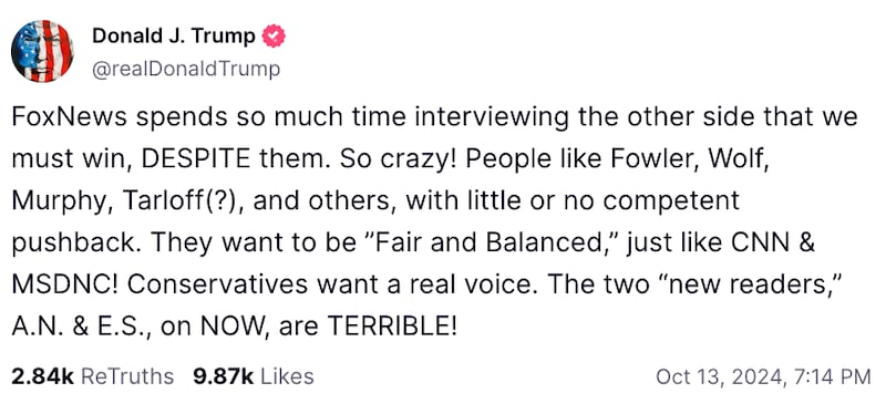 A post by Donald Trump on his Truth Social network makes clear his displeasure with Fox News.