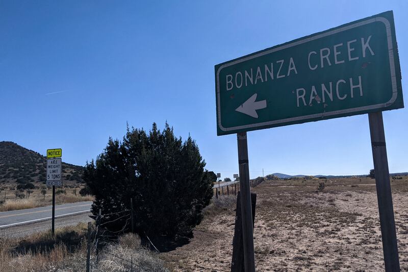 A sign points to the Bonanza Creek Ranch in Santa Fe, New Mexico, on October 22, 2021.