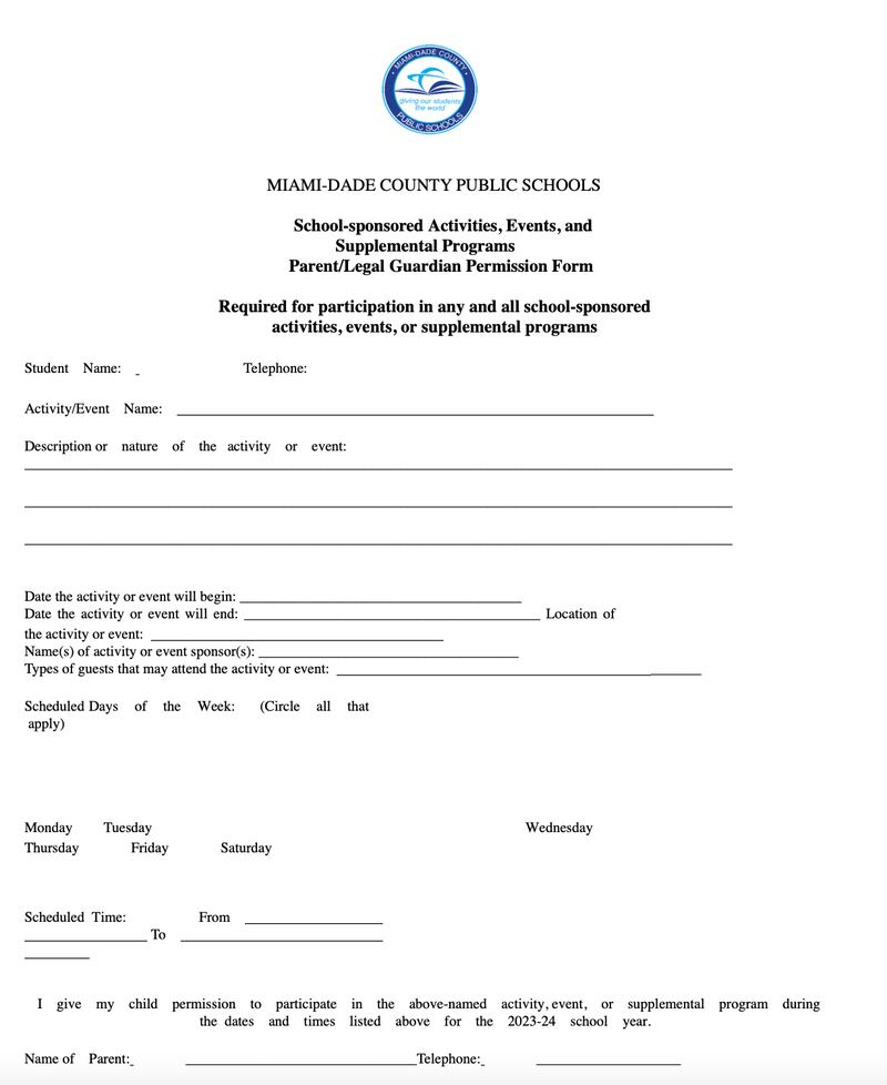 Miami-Date County Parent/Guardian Permission Slip provided by Board Member Dr. Steve Gallon.