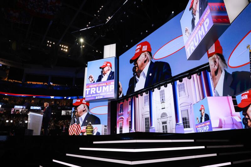 Former U.S. President Donald Trump speaks after officially accepting the Republican presidential nomination on stage during the fourth day of the Republican National Convention in Milwaukee.