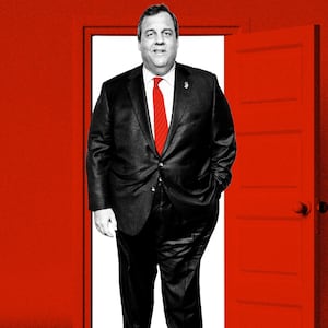 An illustration including a photo of Chris Christie and an open door 