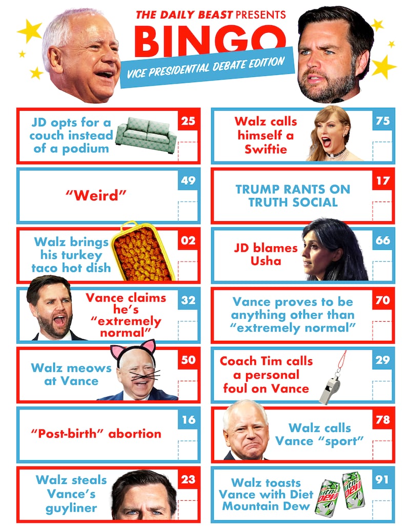 JD Vance and Tim Walz on a vice presidential debate bingo card