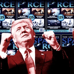 illustration of american media inc space force magazine cover in background with donald trump and david pecker ceo nasa mars aliens pseudoscience debunker