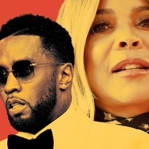 Photo illustration of Diddy and Wendy Williams on an orange background.