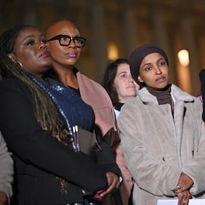 From left, Reps. Cori Bush, D-MO, Ayanna Pressley, D-MA, Ilhan Omar, D-MN, Alexandria Ocasio-Cortez, D-NY.