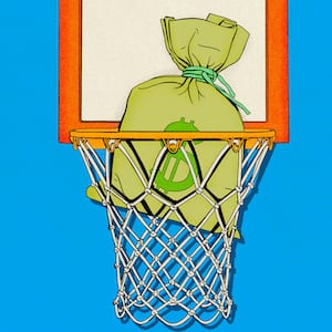 Illustration of a money bag in a basketball hoop