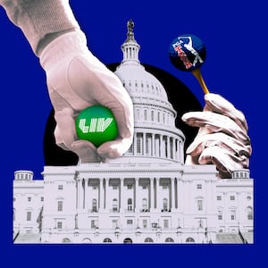 A photo composite of the Capitol building with gloved hands holding golf balls with the logos of LIV and PGA.