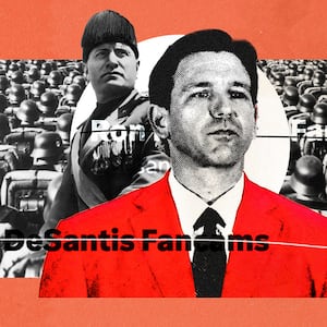 A photo illustration of Ron DeSantis layered with imagery mentioned in the @desantiscamTwitter account including Benito Mussolini and nazi soldiers.