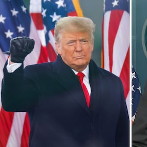 Donald Trump at his Jan. 6 rally and Joe Biden at the White House briefing.