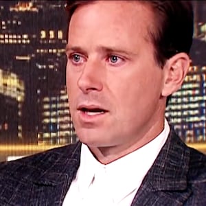 Still Image of Armie Hammer tearing up in his dramatic interview on Piers Morgan Uncensored.